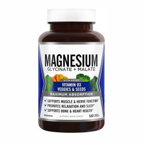 Magnesium Glycinate & Malate Complex w/Vitamin D3, 100% Chelated for Max Absorption, Vegetarian ‚Äì Bone Health, Nerves, Muscles, 120 Capsules, 60 Day